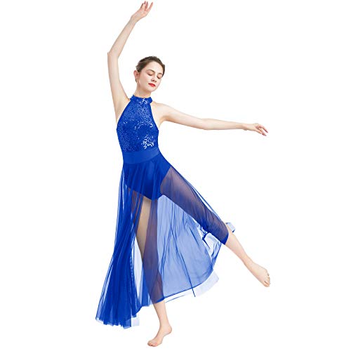 IMEKIS Lyrisches Ballett Tanz Kleid für Damen Ärmellos Cutout Gymnastik Tanzkleid Pailletten Trikotanzug mit Fließendem Geschlitztem Tüllrock Modernes Ballsaal Kostüm Blau M von IMEKIS