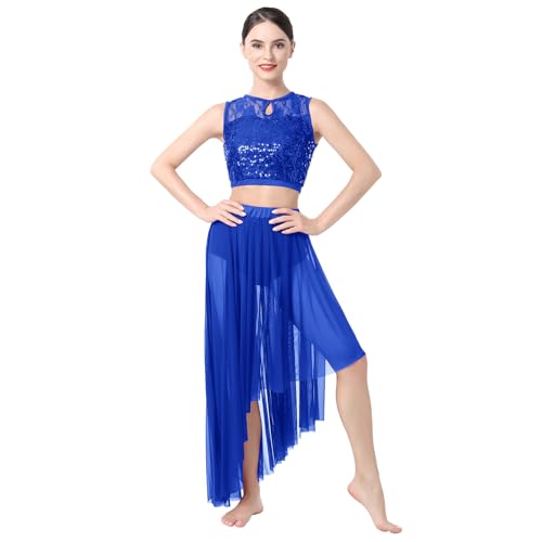 IMEKIS Lyrisches Tanz Kostüm für Damen Ärmellos Pailletten Spitze Crop Top mit Asymmetrischem Saumrock Modernes Ballett Ballsaal Dancewear Bühnen Performance Outfit Blau M von IMEKIS