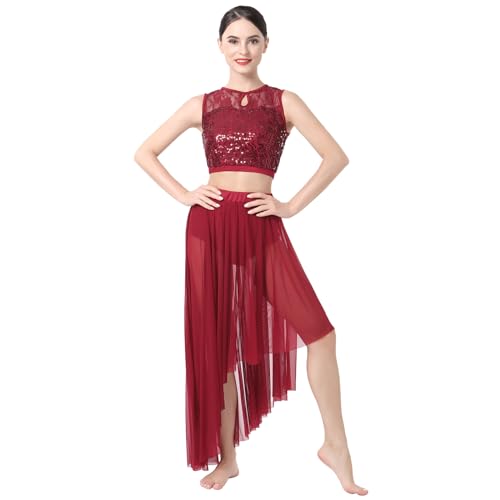 IMEKIS Lyrisches Tanz Kost�m f�r Damen �rmellos Pailletten Spitze Crop Top mit Asymmetrischem Saumrock Modernes Ballett Ballsaal Dancewear B�hnen Performance Outfit Weinrot XS von IMEKIS