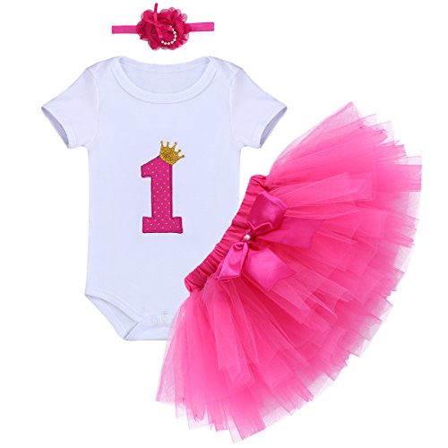 IMEKIS Mädchen 1. Geburtstag Kostüm Kurzarm Krone Strampler Tutu Stirnband Outfit Prinzessin Bowknot Tüll Kleid Baby Kleinkind Hochzeit Festlich Party Sommer Kleidung Set Hot Pink 1 Jahr von IMEKIS