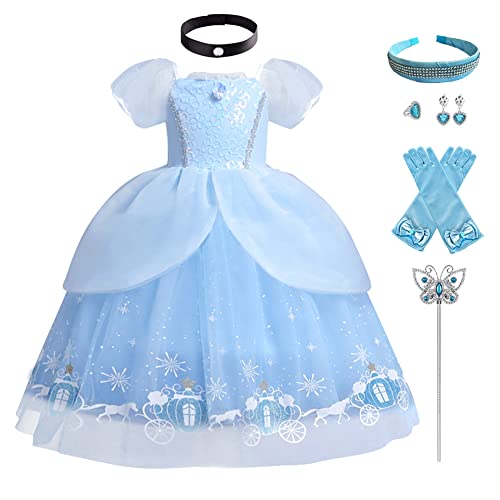 IMEKIS Mädchen Aschenputtel Kostüm Prinzessin Cinderella Schmetterling Kleid Halloween Verkleidung Karneval Cosplay Festlichkleid mit Fee Zubehör Hochzeit Geburtstag Party Outfit Blau 4-5 Jahre von IMEKIS