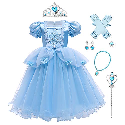 IMEKIS Mädchen Aschenputtel Kostüm Prinzessin Cinderella Verkleiden Blume Geburtstag Tutu Kleid Halloween Weihnachts Karneval Partykleid mit Fee Zubehör Cosplay Outfit Blau 3-4 Jahre von IMEKIS