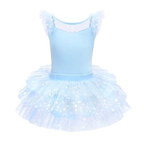 IMEKIS Mädchen Ballett Tanz Trikot Kleid Flügelärmel Rückenfrei Prinzessin Glänzender Sterndruck Fee Ballerina Kostüm Bowknot Gymnastik Rüschen Tutu Rock Tanzkleidung Blau 5-6 Jahre von IMEKIS