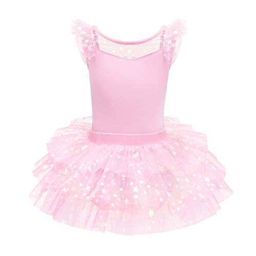 IMEKIS Mädchen Ballett Tanz Trikot Kleid Flügelärmel Rückenfrei Prinzessin Glänzender Sterndruck Fee Ballerina Kostüm Bowknot Gymnastik Rüschen Tutu Rock Tanzkleidung Rosa 7-8 Jahre von IMEKIS