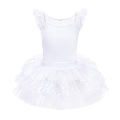 IMEKIS Mädchen Ballett Tanz Trikot Kleid Flügelärmel Rückenfrei Prinzessin Glänzender Sterndruck Fee Ballerina Kostüm Bowknot Gymnastik Rüschen Tutu Rock Tanzkleidung Weiß 5-6 Jahre von IMEKIS