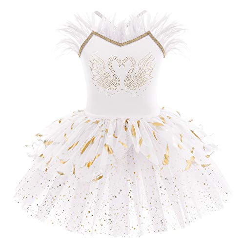 IMEKIS Mädchen Ballett Tanzkleid Ärmellose Prinzessin Schwan Ballerina Dancewear Gymnastik Trikot Tutu Glänzend Rüsche Tüll Rock Athletisch Kostüm Weiß 01 5-6 Jahre von IMEKIS