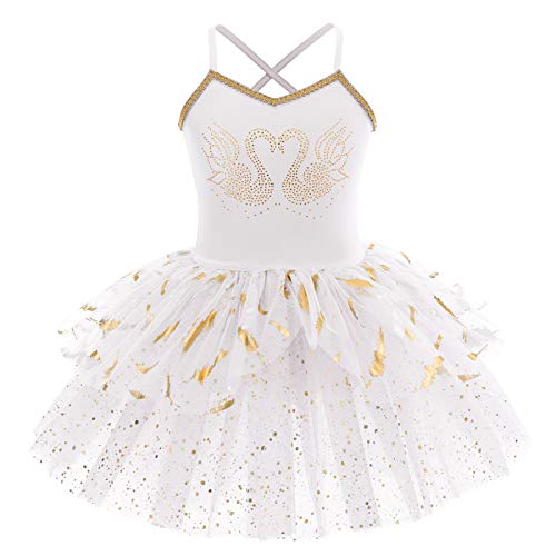 IMEKIS Mädchen Ballett Tanzkleid Ärmellose Prinzessin Schwan Ballerina Dancewear Gymnastik Trikot Tutu Glänzend Rüsche Tüll Rock Athletisch Kostüm Weiß 3-4 Jahre von IMEKIS