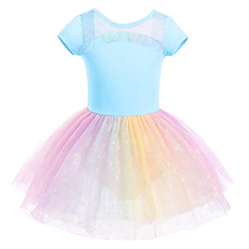 IMEKIS Mädchen Ballettkleid Baumwolle Gymnastik Trikot Tanz Bodysuit Tutu mit Regenbogen Schmetterling Tüll Rock Kurzarm Rückenfrei Ballerina Dancewear Kostüm Blau 7-8 Jahre von IMEKIS