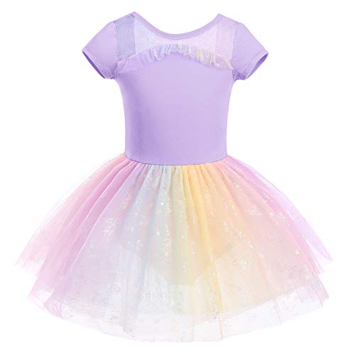 IMEKIS Mädchen Ballettkleid Baumwolle Gymnastik Trikot Tanz Bodysuit Tutu mit Regenbogen Schmetterling Tüll Rock Kurzarm Rückenfrei Ballerina Dancewear Kostüm Lila 3-4 Jahre von IMEKIS