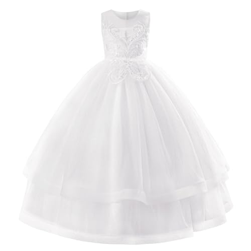IMEKIS Mädchen Blume Hochzeit Brautjungfer Kleid Ärmellos Pailletten Stickerei Rüschen Tüll Kleid Kinder Elegant Geburtstag Kommunion Partykleid Weiß 9-10 Jahre von IMEKIS