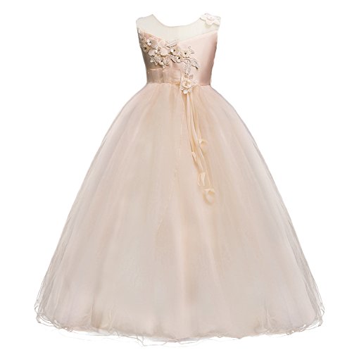 IMEKIS Mädchen Blume Kleid Elegant Hochzeit Brautjungfer Partykleid Prinzessin Ärmellos Spitze Tüll Maxikleid Geburtstag Festzug Ballkleid Festlich Cocktail Abendkleid Ballkleid Champagner 11-12 von IMEKIS