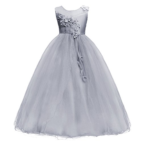 IMEKIS Mädchen Blume Kleid Elegant Hochzeit Brautjungfer Partykleid Prinzessin Ärmellos Spitze Tüll Maxikleid Geburtstag Festzug Ballkleid Festlich Cocktail Abendkleid Ballkleid Grau 7-8 von IMEKIS