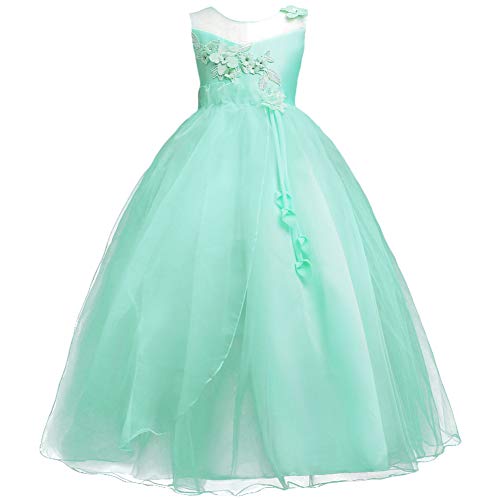 IMEKIS Mädchen Blume Kleid Elegant Hochzeit Brautjungfer Partykleid Prinzessin Ärmellos Spitze Tüll Maxikleid Geburtstag Festzug Ballkleid Festlich Cocktail Abendkleid Ballkleid Grün 7-8 von IMEKIS