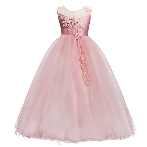 IMEKIS Mädchen Blume Kleid Elegant Hochzeit Brautjungfer Partykleid Prinzessin Ärmellos Spitze Tüll Maxikleid Geburtstag Festzug Ballkleid Festlich Cocktail Abendkleid Ballkleid Rosa 13-14 von IMEKIS