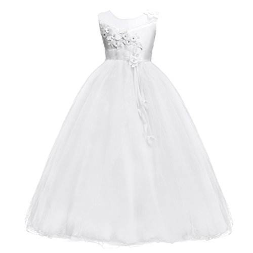 IMEKIS Mädchen Blume Kleid Elegant Hochzeit Brautjungfer Partykleid Prinzessin Ärmellos Spitze Tüll Maxikleid Geburtstag Festzug Ballkleid Festlich Cocktail Abendkleid Ballkleid Weiß 11-12 von IMEKIS