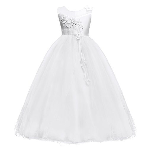 IMEKIS Mädchen Blume Kleid Elegant Hochzeit Brautjungfer Partykleid Prinzessin Ärmellos Spitze Tüll Maxikleid Geburtstag Festzug Ballkleid Festlich Cocktail Abendkleid Ballkleid Weiß 13-14 von IMEKIS