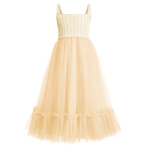 IMEKIS Mädchen Boho Sommerkleid Ärmelloses Cutout Gestrickt Rüsche Tüll Tutu Elegant Hochzeit Blumenmädchen Brautjungfer Kleid Kind Geburtstag Partykleid Casual Urlaub Beachwear Champagner 6-7 Jahre von IMEKIS