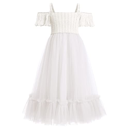 IMEKIS Mädchen Boho Sommerkleid Ärmelloses Cutout Gestrickt Rüsche Tüll Tutu Elegant Hochzeit Blumenmädchen Brautjungfer Kleid Kind Geburtstag Partykleid Casual Urlaub Beachwear Weiß 12-13 Jahre von IMEKIS