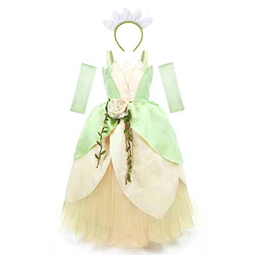 IMEKIS Mädchen Fee Tiana Kleid Prinzessin Frosch Kostüm Fancy Halloween Cosplay Verkleidung Weihnachten Karneval Festkleid mit Zauberstab Stirnband Kinder Märchen Geburtstag Party Outfit 10-11 Jahre von IMEKIS