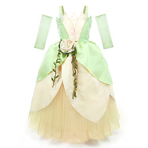 IMEKIS Mädchen Fee Tiana Kleid Prinzessin Frosch Kostüm Fancy Halloween Cosplay Verkleidung Weihnachten Karneval Festkleid mit Zauberstab Stirnband Kinder Märchen Geburtstag Party Outfit 10-11 Jahre von IMEKIS
