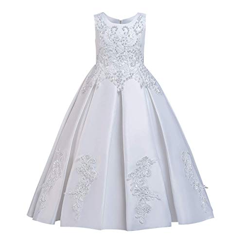 IMEKIS Mädchen Festlich Kleid Ärmellos Pailletten Blume Bestickt Festkleid Prinzessin Hochzeit Brautjungfernkleid Kinder Geburtstag Partykleid Festzug Abendkleid Lang Ballkleid Weiß 9-10 Jahre von IMEKIS