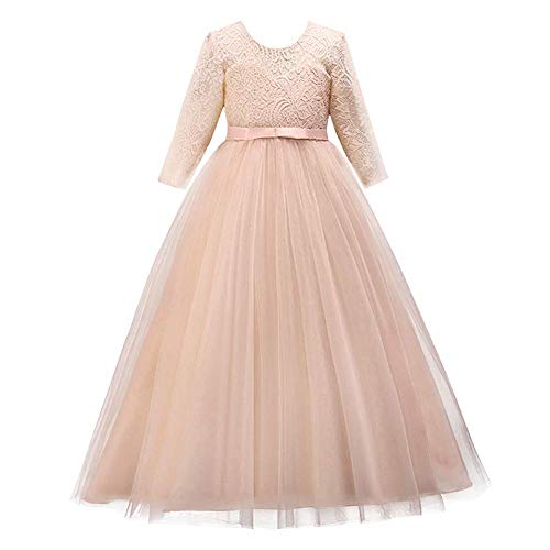 IMEKIS Mädchen Festlich Kleid Elegant Prinzessin Partykleid Langarm Blumespitze Tüll Abendkleid Brautjungfer Hochzeitskleid Geburtstag Cocktailkleid Festzug Lang Ballkleid Champagner 13-14 Jahre von IMEKIS