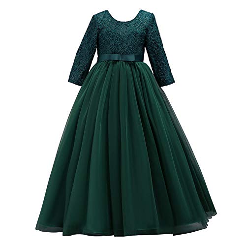 IMEKIS Mädchen Festlich Kleid Elegant Prinzessin Partykleid Langarm Blumespitze Tüll Abendkleid Brautjungfer Hochzeitskleid Geburtstag Cocktailkleid Festzug Lang Ballkleid Dunkelgrün 11-12 Jahre von IMEKIS