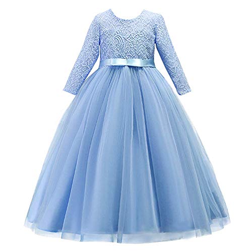 IMEKIS Mädchen Festlich Kleid Elegant Prinzessin Partykleid Langarm Blumespitze Tüll Abendkleid Brautjungfer Hochzeitskleid Geburtstag Cocktailkleid Festzug Lang Ballkleid Himmelblau 5-6 Jahre von IMEKIS