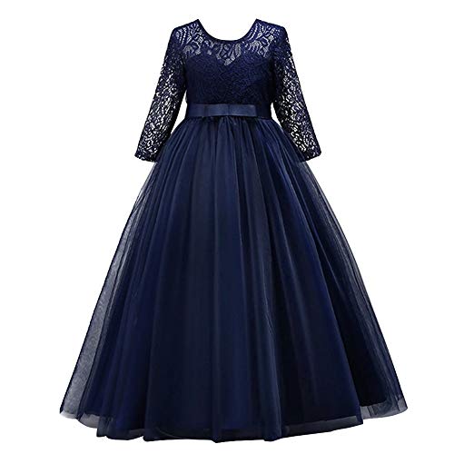 IMEKIS Mädchen Festlich Kleid Elegant Prinzessin Partykleid Langarm Blumespitze Tüll Abendkleid Brautjungfer Hochzeitskleid Geburtstag Cocktailkleid Festzug Lang Ballkleid Marineblau 11-12 Jahre von IMEKIS