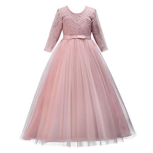 IMEKIS Mädchen Festlich Kleid Elegant Prinzessin Partykleid Langarm Blumespitze Tüll Abendkleid Brautjungfer Hochzeitskleid Geburtstag Cocktailkleid Festzug Lang Ballkleid Rosa 11-12 Jahre von IMEKIS
