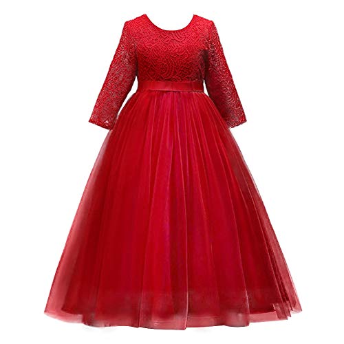 IMEKIS Mädchen Festlich Kleid Elegant Prinzessin Partykleid Langarm Blumespitze Tüll Abendkleid Brautjungfer Hochzeitskleid Geburtstag Cocktailkleid Festzug Lang Ballkleid Rot 9-10 Jahre von IMEKIS