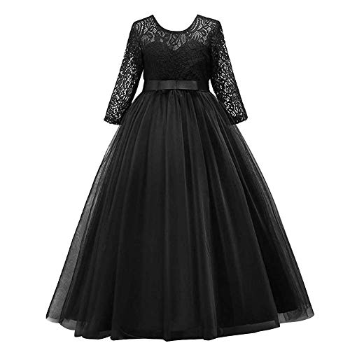 IMEKIS Mädchen Festlich Kleid Elegant Prinzessin Partykleid Langarm Blumespitze Tüll Abendkleid Brautjungfer Hochzeitskleid Geburtstag Cocktailkleid Festzug Lang Ballkleid Schwarz 11-12 Jahre von IMEKIS