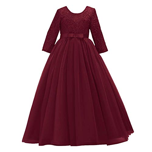 IMEKIS Mädchen Festlich Kleid Elegant Prinzessin Partykleid Langarm Blumespitze Tüll Abendkleid Brautjungfer Hochzeitskleid Geburtstag Cocktailkleid Festzug Lang Ballkleid Weinrot 7-8 Jahre von IMEKIS
