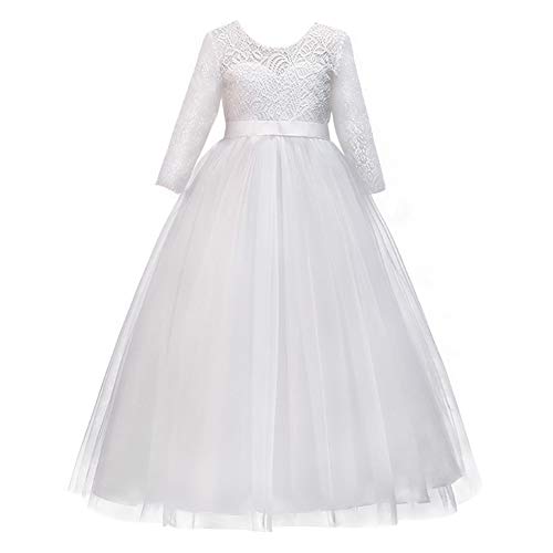 IMEKIS Mädchen Festlich Kleid Elegant Prinzessin Partykleid Langarm Blumespitze Tüll Abendkleid Brautjungfer Hochzeitskleid Geburtstag Cocktailkleid Festzug Lang Ballkleid Weiß 4-5 Jahre von IMEKIS