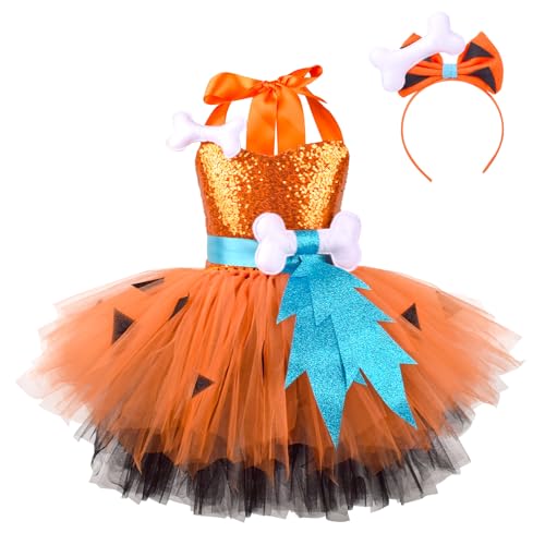 IMEKIS Mädchen Historische Steinzeit Kostüm Prinzessin Cavegirl Tüll Tutu Kind Halloween Cosplay Kleid mit Stirnband Karneval Geburtstag Outfit Orange-Pailletten 7-8 Jahre von IMEKIS
