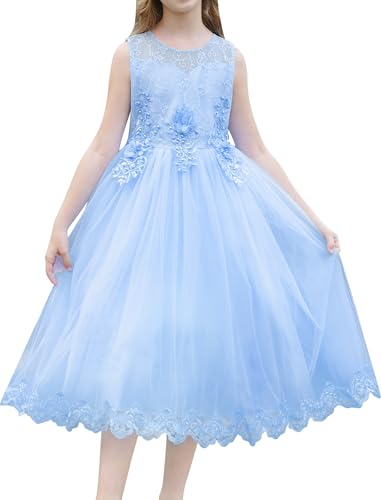 IMEKIS Mädchen Hochzeit Brautjungfer Kleid Ärmellos Blumenstickerei Spitze Tüll Kleid Kinder Elegant Geburtstag Festlich Partykleid Erstkommunion Festzug Ballkleid Blau 6-7 Jahre von IMEKIS