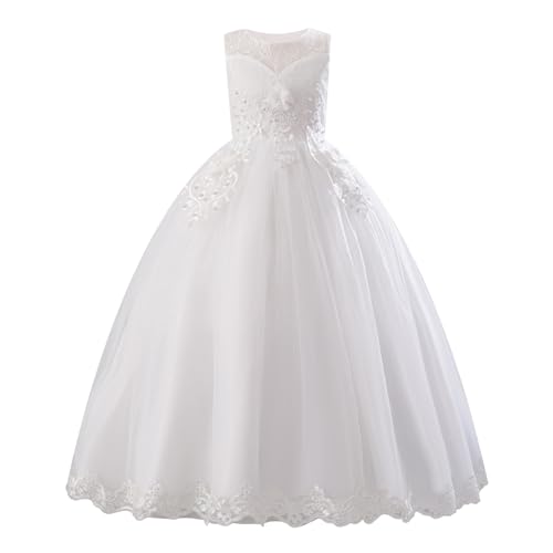 IMEKIS M�dchen Hochzeit Brautjungfer Kleid �rmellos Blumenstickerei Spitze T�ll Kleid Kinder Elegant Geburtstag Festlich Partykleid Erstkommunion Festzug Ballkleid Wei� 9-10 Jahre von IMEKIS