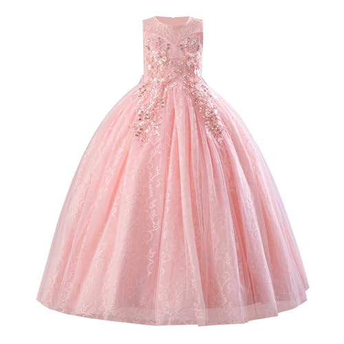 IMEKIS Mädchen Hochzeit Brautjungfer Kleid Ärmellos Pailletten Blumen Spitze Tüll Kleid Kinder Elegant Erstkommunion Geburtstag Festzug Ballkleid Rosa 7-8 Jahre von IMEKIS