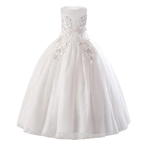 IMEKIS M�dchen Hochzeit Brautjungfer Kleid �rmellos Pailletten Blumen Spitze T�ll Kleid Kinder Elegant Erstkommunion Geburtstag Festzug Ballkleid Wei� 9-10 Jahre von IMEKIS