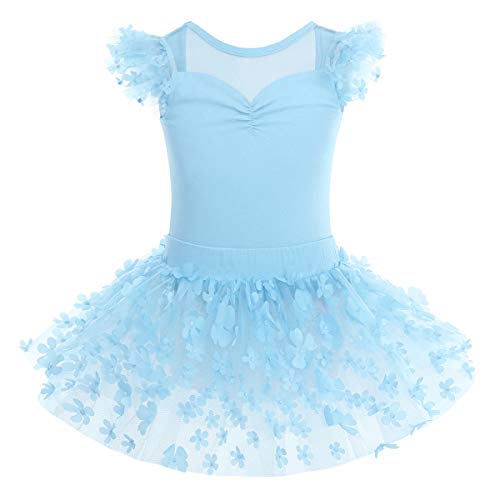 IMEKIS Mädchen Kinder Ballett Kleid Baumwolle Gymnastik Trikot Tutu Rock Fliegenärmel Rückenfrei Blume Bodysuit Tanz Kostüm Prinzessin Fee Ballerina Dancewear Blau 3-4 Jahre von IMEKIS