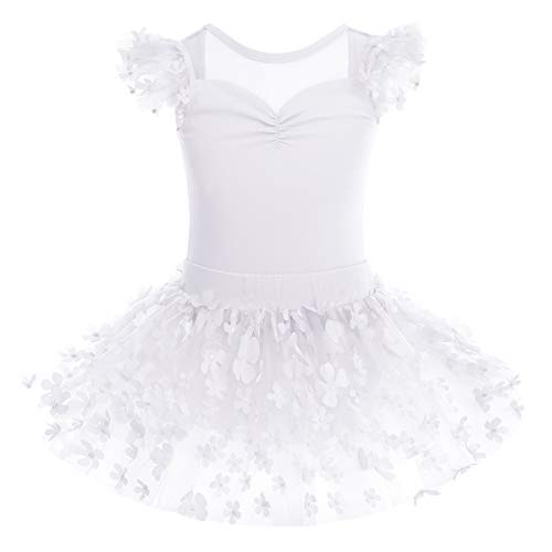 IMEKIS Mädchen Kinder Ballett Kleid Baumwolle Gymnastik Trikot Tutu Rock Fliegenärmel Rückenfrei Blume Bodysuit Tanz Kostüm Prinzessin Fee Ballerina Dancewear Weiß 5-6 Jahre von IMEKIS