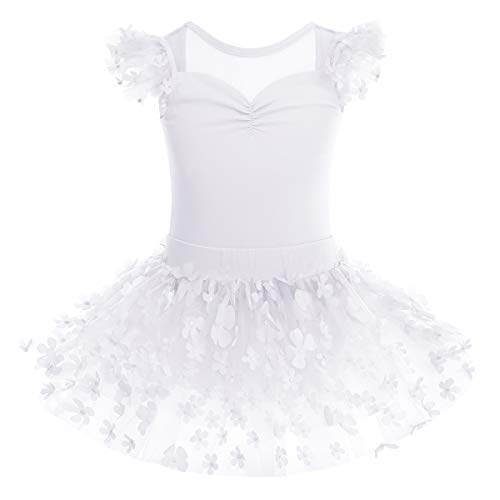 IMEKIS Mädchen Kinder Ballett Kleid Baumwolle Gymnastik Trikot Tutu Rock Fliegenärmel Rückenfrei Blume Bodysuit Tanz Kostüm Prinzessin Fee Ballerina Dancewear Weiß 7-8 Jahre von IMEKIS