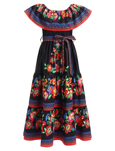 IMEKIS Mädchen Mexikanisches Kleid Off Shoulder Blumendruck Rüsche Maxi Boho Sommerkleider Kinder Cinco De Mayo Fiesta Senorita Halloween Karneval Kostüm Schwarz 9-10 Jahre von IMEKIS