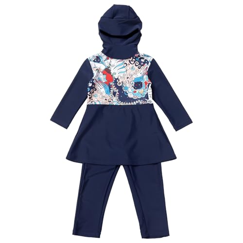 IMEKIS Mädchen Muslimische Bademode Blumendruck Bescheidene Badeanzug Islamische Burkini Schwimmanzug Langarm Badetop mit Hose Hijab 2tlg Kind Tankinis Set Marineblau-Vollkörper 11-12 Jahre von IMEKIS