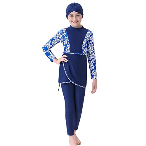 IMEKIS M�dchen Muslimische Bademode Blumendruck Bescheidene Badeanzug Islamische Burkini Schwimmanzug Langarm Kapuze Badetop mit Hose Hijab 3tlg Kind Tankinis Set Dunkelblau-Blume 9-10 Jahre von IMEKIS