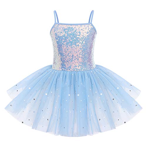 IMEKIS Mädchen Pailletten Ballett Tanzkleid Prinzessin Ärmellose Ballettanzug Gymnastik Body mit Glänzendem Tüllrock Kind Ballerina Dancewear-Kostüm Blau 3-4 Jahre von IMEKIS