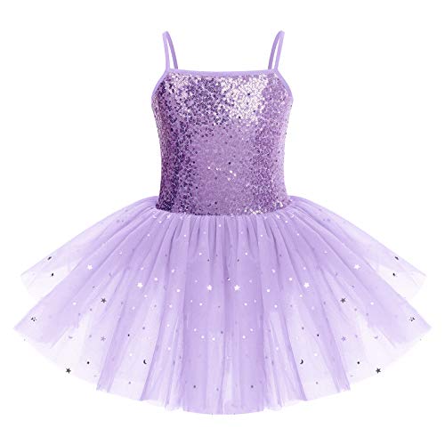 IMEKIS Mädchen Pailletten Ballett Tanzkleid Prinzessin Ärmellose Ballettanzug Gymnastik Body mit Glänzendem Tüllrock Kind Ballerina Dancewear-Kostüm Lila 5-6 Jahre von IMEKIS