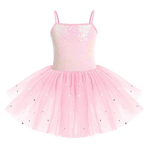 IMEKIS Mädchen Pailletten Ballett Tanzkleid Prinzessin Ärmellose Ballettanzug Gymnastik Body mit Glänzendem Tüllrock Kind Ballerina Dancewear-Kostüm Rosa 3-4 Jahre von IMEKIS