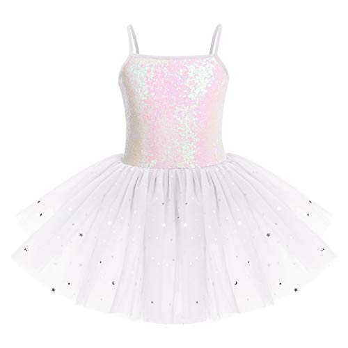 IMEKIS Mädchen Pailletten Ballett Tanzkleid Prinzessin Ärmellose Ballettanzug Gymnastik Body mit Glänzendem Tüllrock Kind Ballerina Dancewear-Kostüm Weiß 5-6 Jahre von IMEKIS