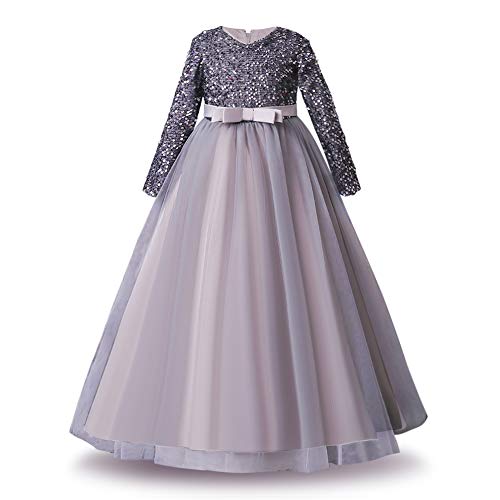 IMEKIS Mädchen Pailletten Brautjungfernkleid Langarm Prinzessin Geburtstag Festlich Partykleid Bowknot Tüll Tutu Maxi Lang Abendkleid Ballkleid Grau 4-5 Jahre von IMEKIS